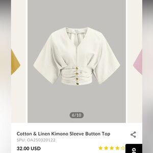 Commense white  Kimono Sleeve Blouse with Button Detail cotton and linen